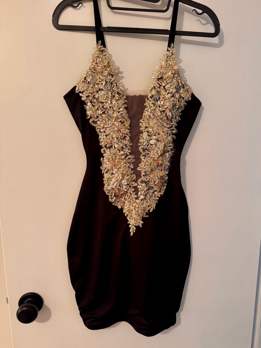 Black Mini Dress with Gold Embellished Plunge V-Neck